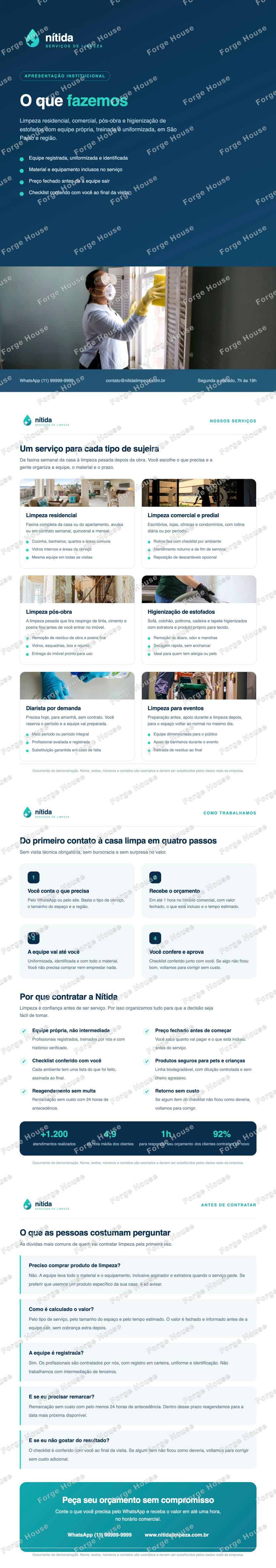 As quatro páginas da peça institucional O que fazemos: capa, serviços, como a empresa trabalha e dúvidas frequentes